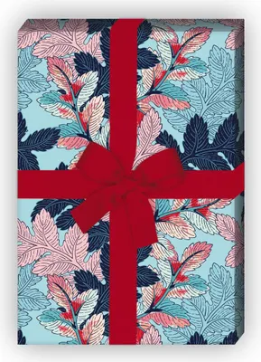 Produktbild von Modernes Geschenkpapier zum Einpacken mit Laub Blätter Muster, hellblau - G10244, 32 x 48cm