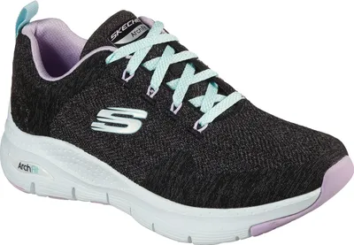 A single black Skechers Arch Fit shoe with light blue laces and purple accents.