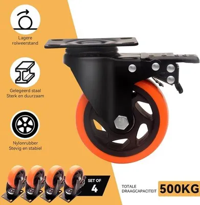 Zdjęcie produktu dla Zestaw kół Famanu Zwenkwielen, 100 mm - 4 solidne kółka z hamulcami, do 600 kg, w zestawie materiał montażowy