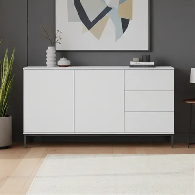 Obrázek produktu pro Komoda Dallas K2D3SZ, stylový příborník v moderním stylu, dvě dvířka a tři zásuvky s otevíráním push to open (barva: bílá)