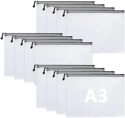 Produktbild von 12er-Set wasserdichter A3-Documentenbeutel, schwarz, A3-Beutel mit Reißverschluss, Beutel für Papier, Rechnungen, Bürobedarf, Dokumente