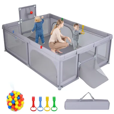 Produktbild von COSTWAY 207x145cm Laufstall Baby, Laufgitter mit Netz, Tragetasche, Basketballkorb, Fußballnetzen, 50 Spielbällen & Griffen, Krabbelgitter, Hellgrau