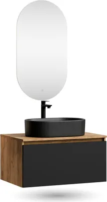 Produktbild von Planetmöbel ARISA Badmöbel Set in Schwarz - Mit LED Spiegel und schwarzem Keramik-Aufsatzwaschbecken 55 cm