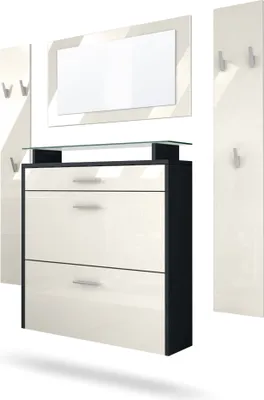 Produktbild von Vladon Garderobe Malea, Garderobenset bestehend aus 1 Hängeschuhschrank, 1 Wandspiegel und 2 Garderobenpaneele, Schwarz matt/Creme Hochglanz