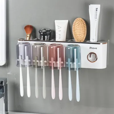 Immagine prodotto di Solidchoice - Porta spazzolini da denti da parete con dispenser e 4 bicchieri, in bianco e oro