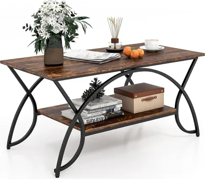 A coffee table with decorative items on it, set against a white background.