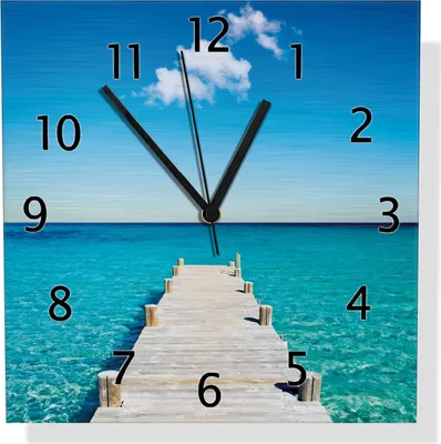 Produktbild von Wallario Design Wanduhr Steg am tropischen Meer aus Aluverbund, Größe 30 x 30 cm