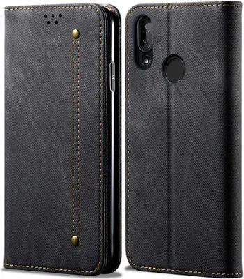 Produktbild von Huawei Y9 2019 Hülle, LaimTop Denim Leder Brieftasche Magnetverschluss Flip Bookstyle Schutzhülle mit Standfunktion für Huawei Y9 2019 Schwarz