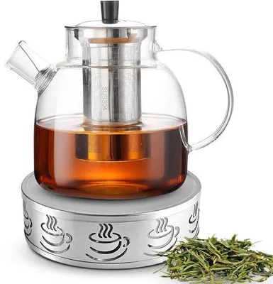 Image de Théière Unyqoos® en verre avec infuseur en acier inoxydable et chauffe-plat, en verre borosilicaté résistant à la chaleur, capacité de 1,8 L – idéale pour le thé noir, le thé vert et les infusions aux fruits
