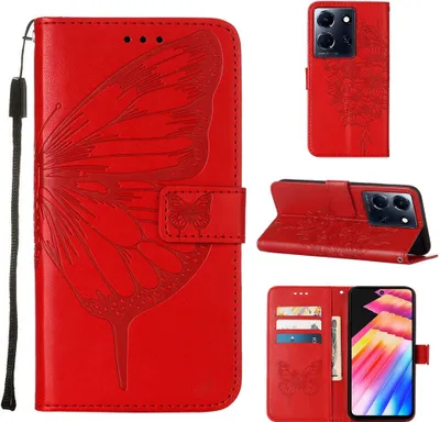 Produktbild von Lederhülle für Infinix Note 30 5G Schmetterling Prägung Flip Ledertasche Kartenfächer Handyhülle mit Ständer Rot