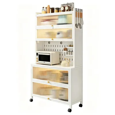 Image de Armoire de cuisine à 6 étagères, 100 cm, en acier au carbone, armoire de rangement avec portes battantes semi-transparentes, étagère sur roulettes et pieds, pour la cuisine et le salon