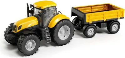 A yellow toy tractor with a yellow trailer attached, shown from a side-angle on a white background.