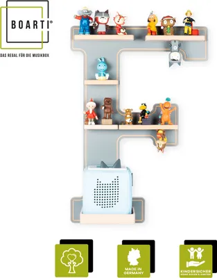 Produktbild von BOARTI Kinderregal Buchstabe F | hängend für Toniebox und Tonie Figuren | platzsparendes Regal | H. 54 x B. 38 x T. 19 | Wandregal Musikbox Figuren Aufbewahrung mit Magneteinsätzen | Aufbewahrungsregal Holz