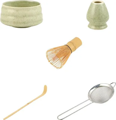 Produktbild von 5-teiliges Matcha-Set Keramik Bambus: Teebürste, Schale, Löffel, Ständer, Sieb für Teezeremonie