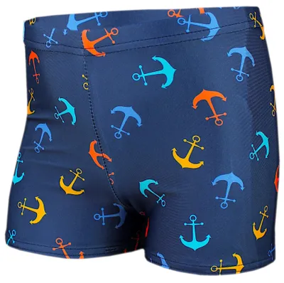 Produktbild von Aquarti Jungen Badehose Gestreift mit Motiven, Farbe: Anker Orange Blau / Dunkelblau, Größe: 134