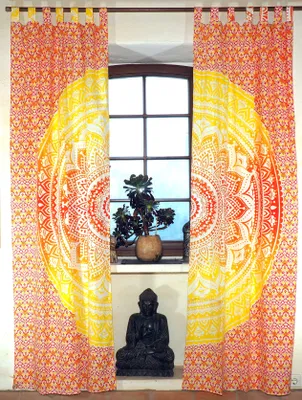 Produktbild von Boho Vorhänge, Gardine (1 Paar ) mit Schlaufen, Handbedruckter Ethno Style Vorhang, Mandala Motiv - Orange/gelb, Baumwolle, 230*100*0,2 cm, Dekovorhänge
