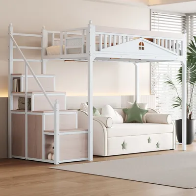 Produktbild von MODFU Hochbett Kinderbett 90x200cm mit Rausfallschutz, Metallbett Mit Metallkugel und Fensterdesign, Steigleiter von links nach rechts austauschbar, Sicherheitsleiter mit Spind, Weiß(Ohne Matratze)