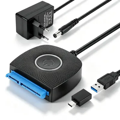 Obrázek produktu pro Adaptér SATA na USB, USB-C a USB 3.0 pro připojení pevných disků, rychlost až 5 Gbps, s napájením 12 V