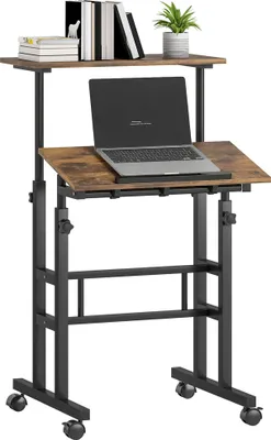 A mobile standing desk with a laptop and books on it, against a white background.