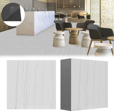 A collage showing a modern interior with furniture and flooring samples, and close-ups of flooring tiles.