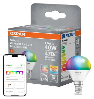Produktbild von Osram SMART+ MATTER Classic P40, 4,9 W, 40 W, E14, 470 lm, 20000 h, Weiß