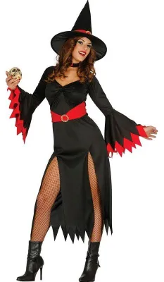 Produktbild von Hexenkostüm Halloween Magie Zauber Kleid Schwarz Rot Hut, Größe: 42 - 44 (L) Farbe: Schwarz