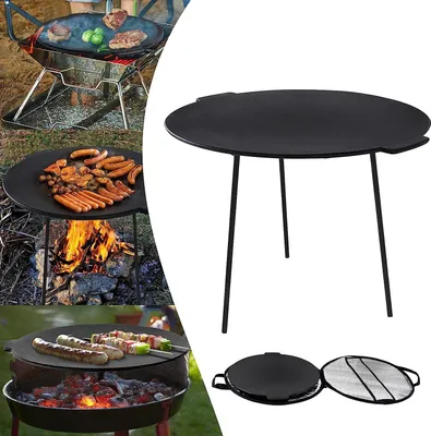 Image de YARDIN Poêle à griller en fonte ronde Ø45cm Bac à griller avec 3 pieds, BBQ tripode Plaque de grill en fonte amovible, Dutch Oven Plaque de grill Accessoires de grill Feu Barbecue pour camping jardin