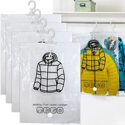 Produktbild von 4er-Set Vakuum-Beutel mit Kleiderhaken, 67 x 90 cm: Ein effiziente Kleiderhülle für Bettwäsche & Kleidung - Schützen Sie Ihre Textilien