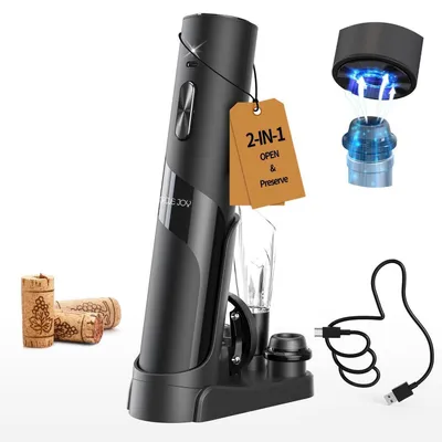 Produktbild von Elektrischer Korkenzieher 7-in-1 Weinöffner Geschenkset mit Vakuumpumpe, Ladestation, Folienschneider, Weinausgießer und 2 Weinverschlüssen