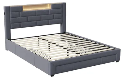 Produktbild von Polsterbett - Doppelbett 160x200 cm - Mit 3 Schubladen Stauraum - LED Beleuchtung - USB Ladeanschluss - Samtbezug - Grau