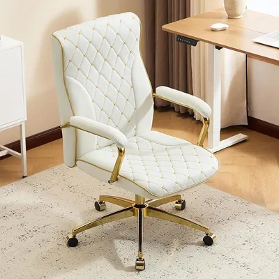 Imagen del producto de Silla de oficina ergonómica, sillón de cuero sintético para ejecutivos, silla de escritorio, silla de ordenador, silla giratoria con respaldo alto, reposabrazos acolchados y altura ajustable, función de inclinación, color beige