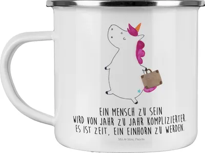 Produktbild von Mr. & Mrs. Panda Teetasse Einhorn Koffer - Weiß - Geschenk, Erwachsen, Reise, Blechtasse, Einhörner, metallbecher, becher emaille, Teebecher, Tasse, Unicorn, Spaß