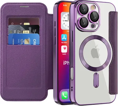 Immagine prodotto di Custodia per iPhone 16 Pro Max compatibile con MagSafe, custodia trasparente con portacarte, custodia in pelle con protezione per la fotocamera Viola