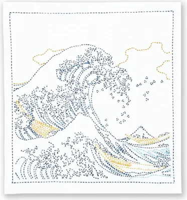 Obrázek produktu pro Balíček výšivek Olympus Sashiko "Hana Fukin Hokusai Katsushika" série "The Great Wave of Kanagawa", potištěná látka, 34x34cm, originál z Japonska