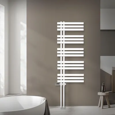 Produktbild von LuxeBath Design Badheizkörper, 500x1200 mm, Weiß, Anschlussgarnitur Thermostat Durchgang Bodenanschluss, ohne Heizstab