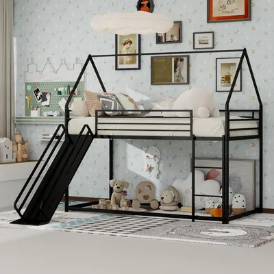 Produktbild von okwish Etagenbett 90×190 Hausförmiges Stockbett Bettgestell Jugendbett mit Rutsche,Kinderbett mit Leiter und Metallrahmen,Schwarz(ohne Matratze)