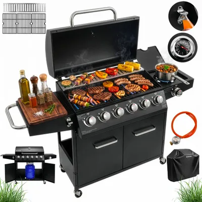 Zdjęcie produktu dla Grill gazowy ogrodowy 20,3kW BERGMANN NL005 7 palników żeliwny ruszt stolik boczny kosz na butlę + pokrowiec