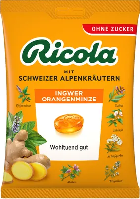 Image de Ricola Gingembre Menthe Orange aux herbes des Alpes suisses sans sucre 75g