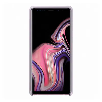 A Samsung Galaxy Note 9 phone in a violet case, shown from the front.
