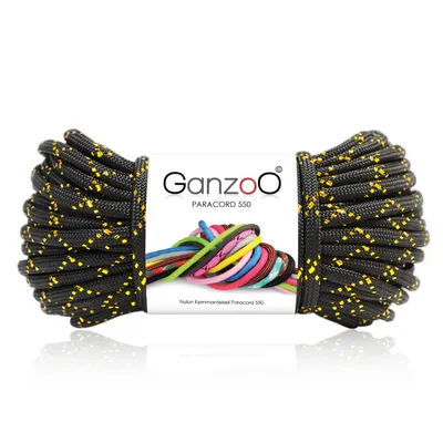 Image de Corde Paracord 550 Glitter-Cord pour bracelet, laisse, collier, corde en nylon/polyester à 7 brins, 30 mètres, épaisseur 4 mm | Corde polyvalente | Corde de parachute | Couleur : noir et or