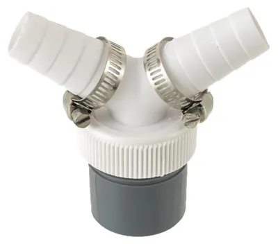 A Y-adapter for plumbing connections, likely for appliances.
