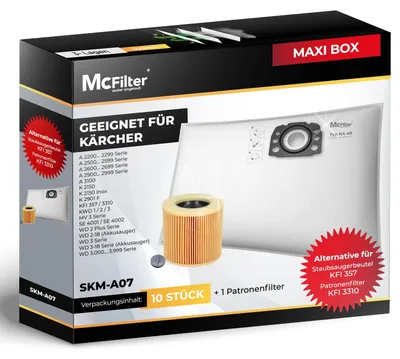 Produktbild von McFilter I 10 Staubsaugerbeutel + 1 Filter geeignet für Kärcher KFI 357 I WD 2 Plus WD 2 Plus V-12/4/18/C, WD 3 Serie WD 3 V-17/4/20, KWD 1-3, SE 4001, SE 4002, passend wie 2.863-314.0 2.863-303.0