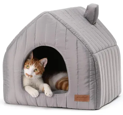 Image de Lit pour chat en forme de grotte, 43x43x45 cm, couleur grise, avec coussin amovible