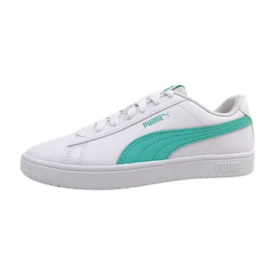 A white Puma sneaker with teal accents is shown against a white background.