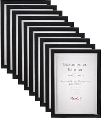 Produktbild von IDEAL TREND Bilderrahmen, Schwarz, DIN A4 (21x29,7 cm), aus Kunststoff, 10er Pack, für Dokumente, Urkunden, Fotos, zum Aufhängen (Hoch- & Querformat), dezent, zeitlos, mit Flexpins und Aufhängeröse