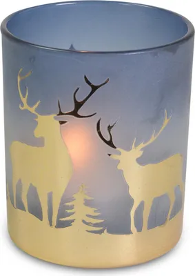 Produktbild von Kerzenglas mit goldenem Hirsch | Blau Gold | Glas 7×8 cm | Weihnachtsdeko | 19900