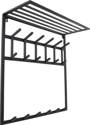 A black metal coat rack with a shelf and multiple hooks.