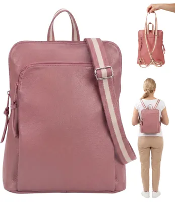 Produktbild von Leder Rucksack Handtasche klein Vario Gurt Geheimfach Freizeitrucksack Damen Alessandro Salvatore A4 passt Lederrucksack Rom 12979 Rosa +Schlüsseletui