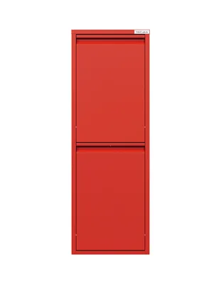 A red trash can with two compartments.