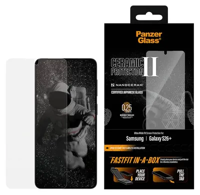 Zdjęcie produktu dla PanzerGlass ® Ceramic Screen Protector Samsung Galaxy S26+ | Ultra-Wide Fit w. Fastfit in-a-box, Samsung, Samsung - Galaxy S26+, Aplikacja na sucho, Odporny na zadrapania, Odporny na wstrząsy, Przezroczysty, 1 szt.